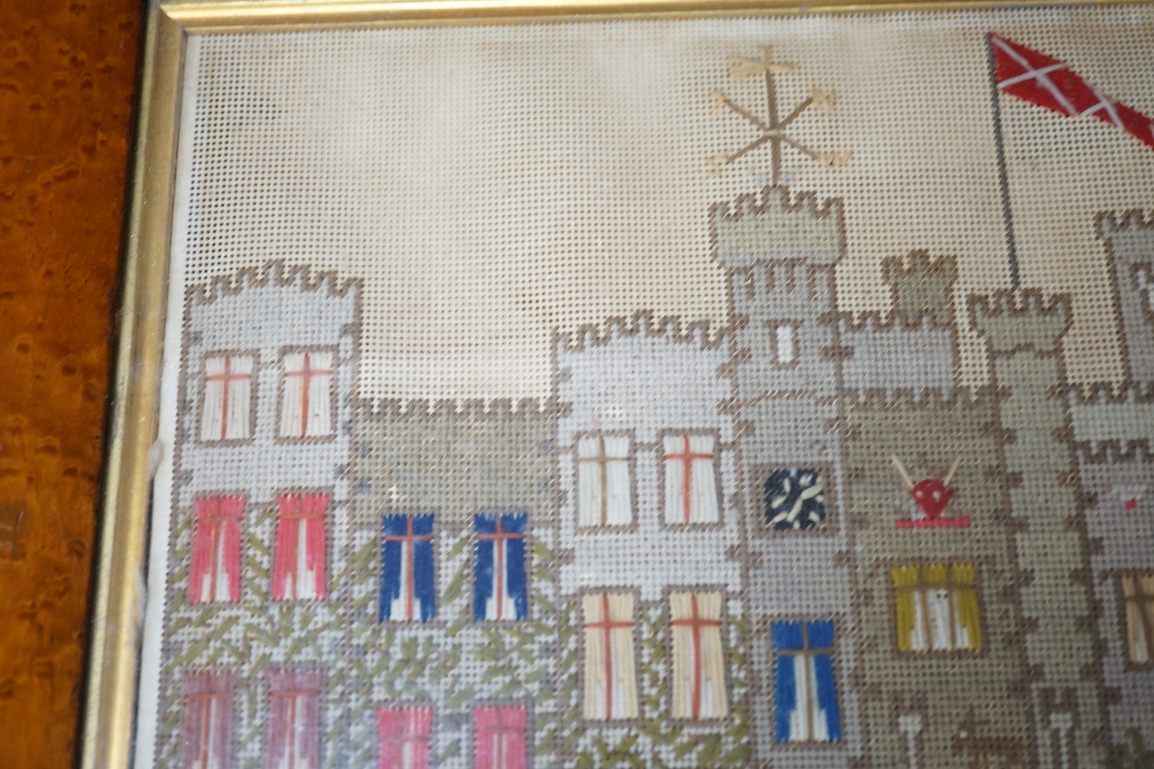 A Victorian woolwork and silk embroidery, 'Windsor Castle', maple framed, 37x55cm including frame